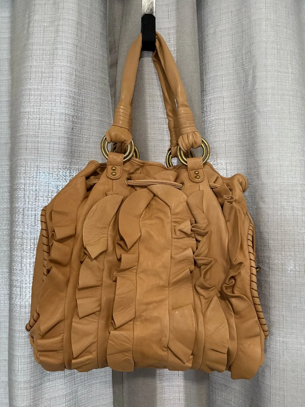 Ziordia Vintage Cream Ruffled Leather Hobo Bag Slouchy